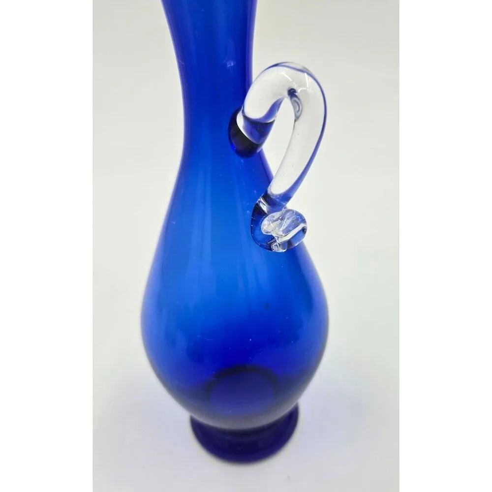 Vintage EMPOLI ART GLASS Pitcher Vase Blue Hand Blown w Clear Handle 8